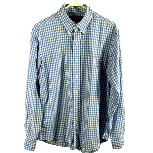 Polo Ralph Lauren Men Long Sleeve Button Down Shirt Medium Blue/ White Checkered - Picture 1 of 9